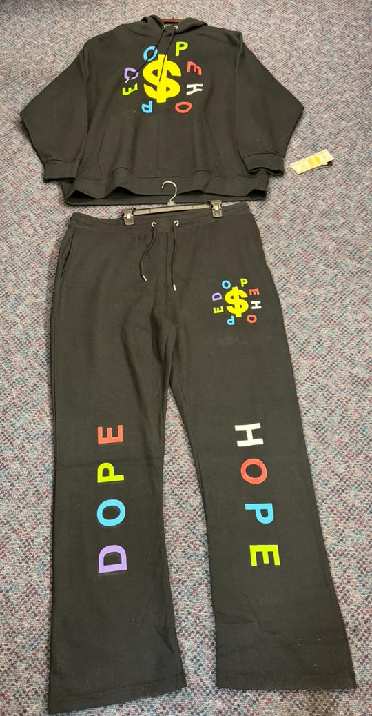 Dark gray hoodie and pants set with colorful text and dollar sign design on a textured surface.