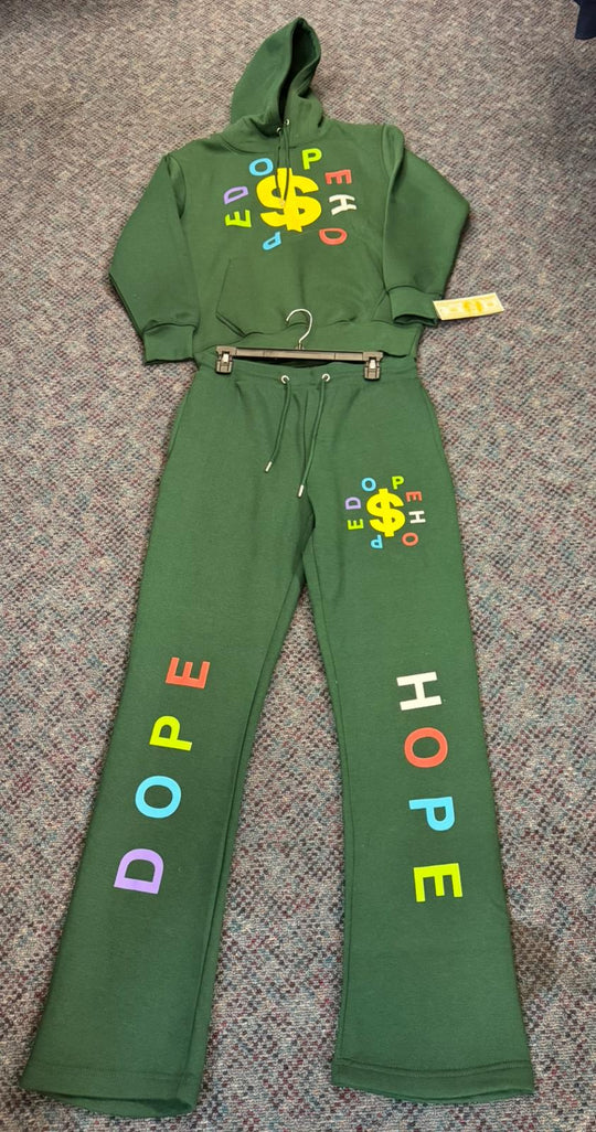 "Dope Hope" Streetwear Black Flare Sweatsuit - Green