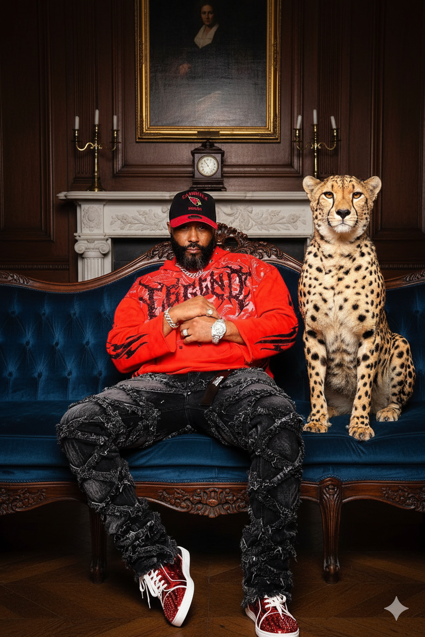 Man in red jacket and black pants sitting on a blue couch with a cheetah next to him, in a room with a portrait and clock.