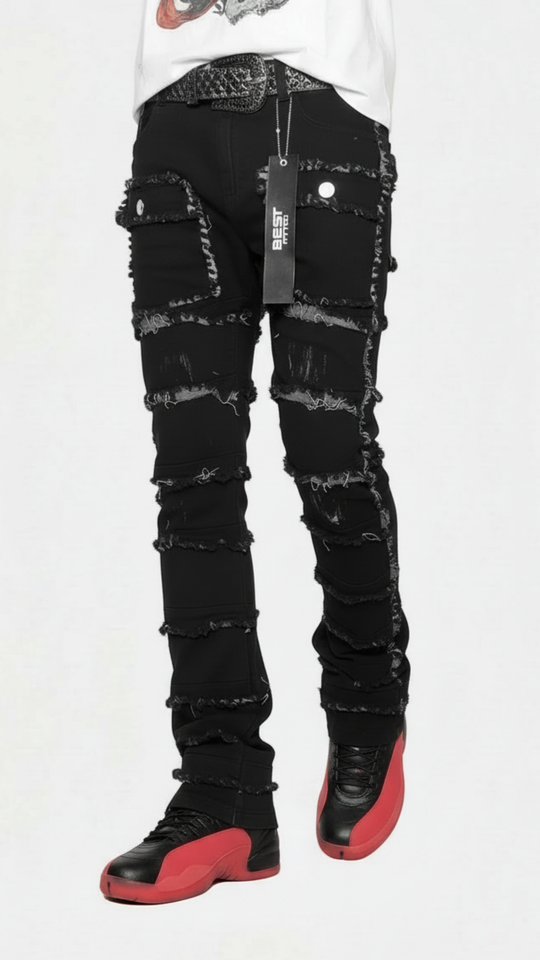 Statement Layered Distressed Jeans - Best Fitted Black Stack with Fringe Detail