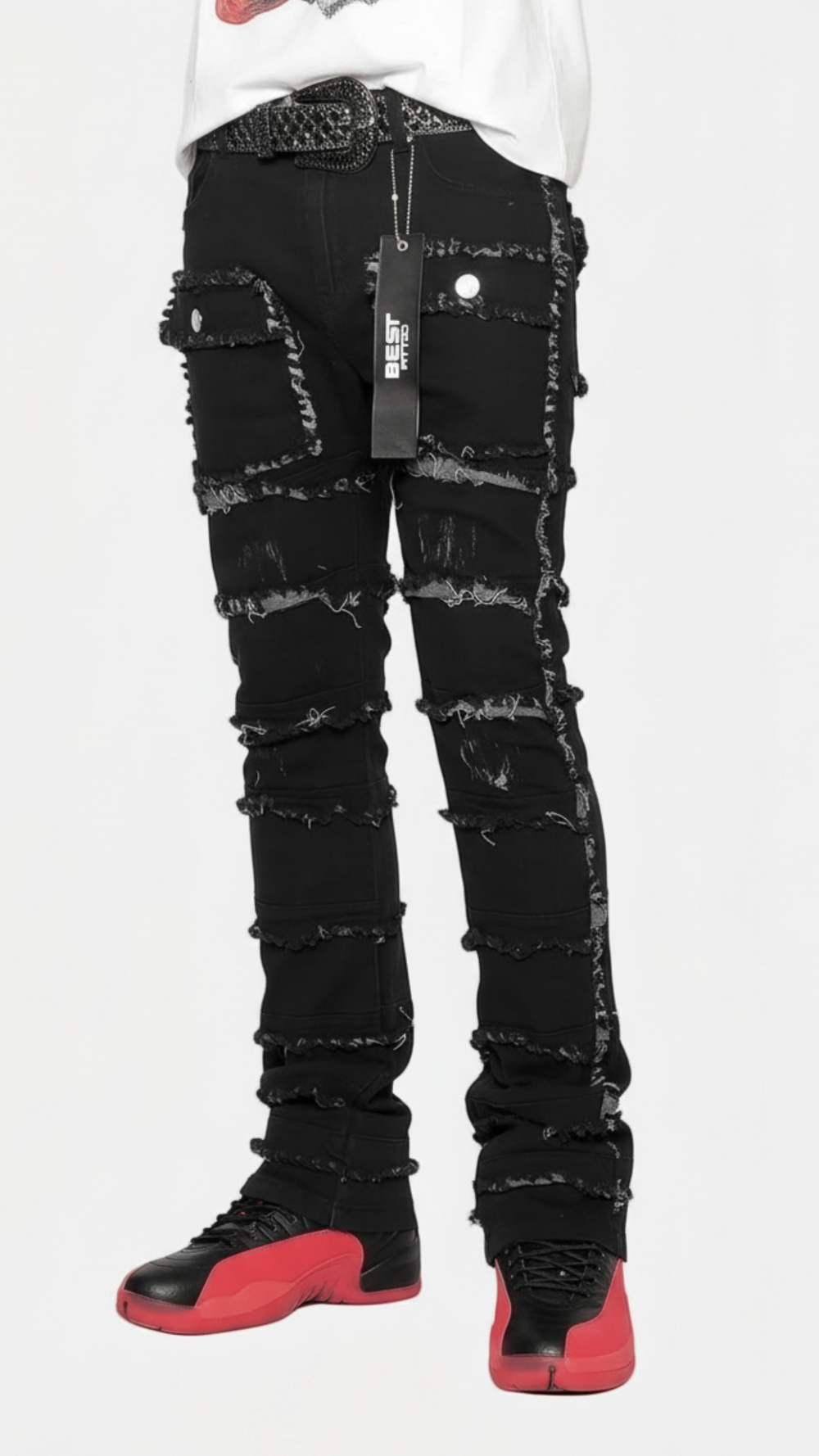 Statement Layered Distressed Jeans - Best Fitted Black Stack with Fringe Detail