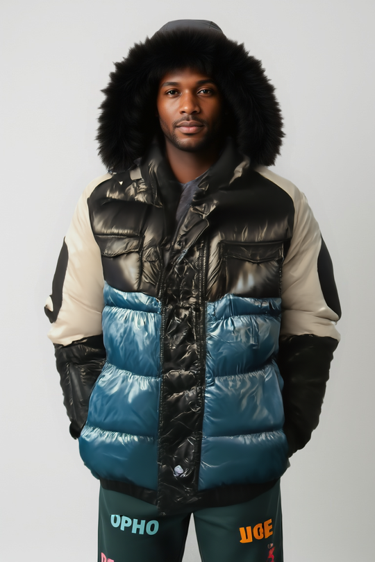 Men’s Colorblock Puffer Jacket with Faux Fur Hood