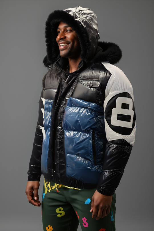 Men’s Colorblock Puffer Jacket with Faux Fur Hood