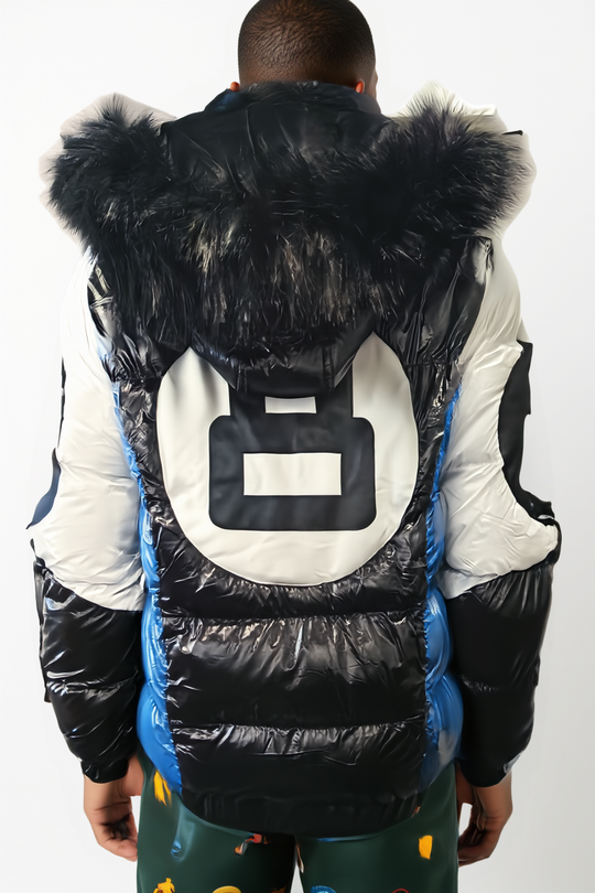 Men’s Colorblock Puffer Jacket with Faux Fur Hood