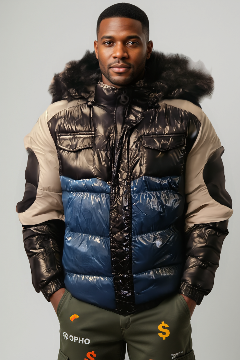 Men’s Colorblock Puffer Jacket with Faux Fur Hood