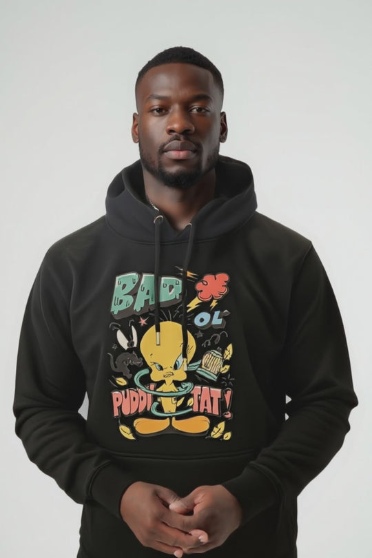 Looney Tunes Bad Ol' Puddy Tat Black Graphic Hoodie | Tweety Bird Streetwear Pullover