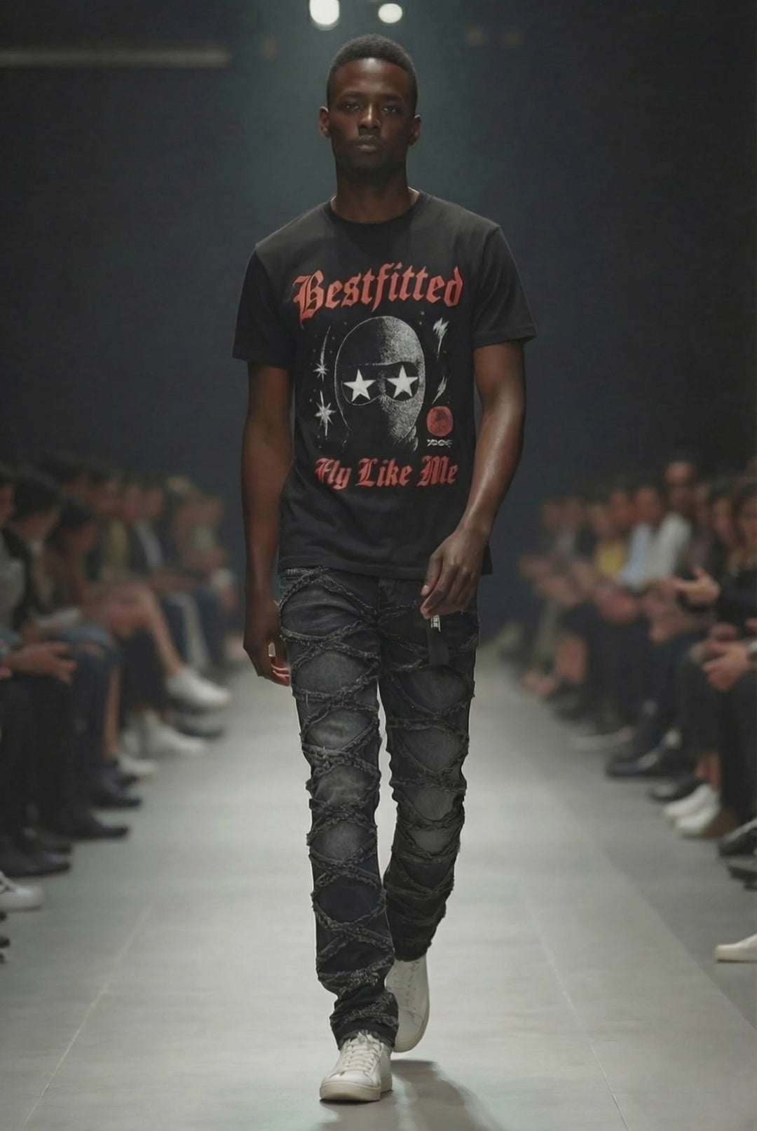 Bestfitted "Fly Like Me" Graphic T-Shirt | Black Urban Streetwear Tee with Gothic Lettering & Ski Mask Design