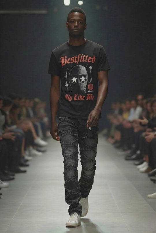 Bestfitted "Fly Like Me" Graphic T-Shirt | Black Urban Streetwear Tee with Gothic Lettering & Ski Mask Design