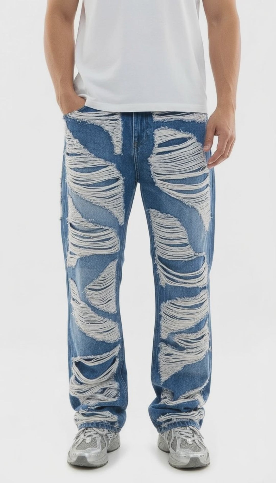 Men’s Heavy Distressed Baggy Jeans – Urban Streetwear Shredded Wide Leg Denim