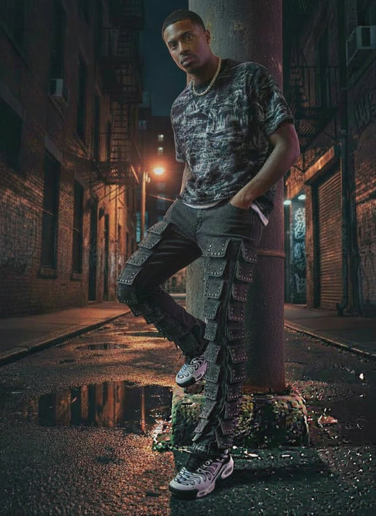 Goth Punk Stacked Cargo Flare Jeans