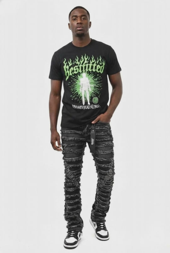 Best Fitted" Streetwear Graphic Tee – Black Heavyweight T-Shirt with Neon Flame & Aura Design | Y2K Urban Fashion