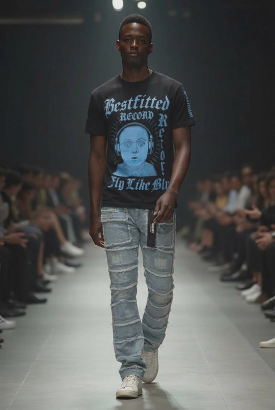 Bestfitted Black Graphic T-Shirt - "Fly Like Me" Vintage Headphone Design - Men's Urban Streetwear