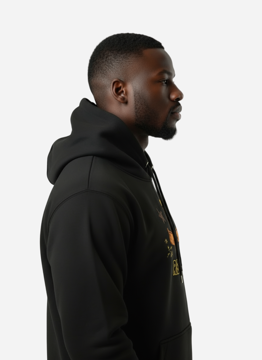 Man wearing a black hoodie with a logo on a white background