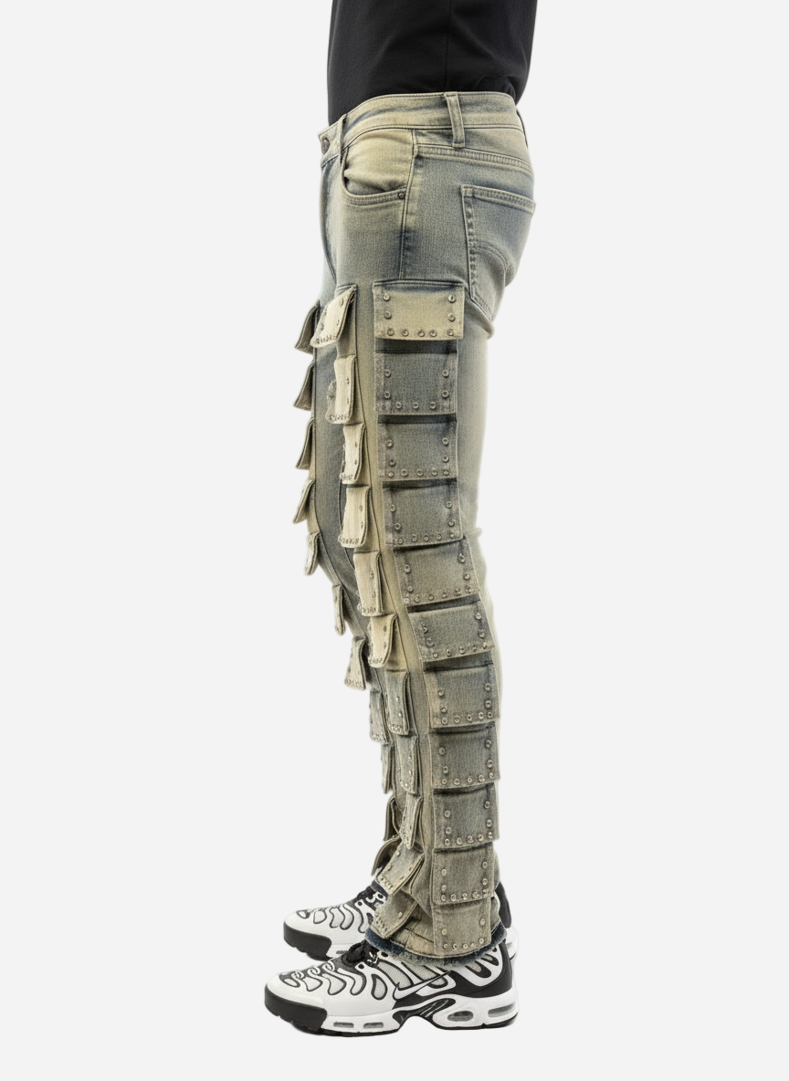 Pants with multiple pockets and straps on a white background