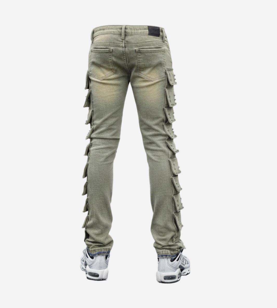 Green cargo pants with multiple pockets on a white background