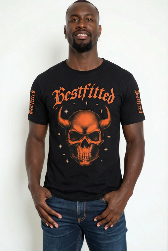Men's Gothic Streetwear T-Shirt - Bestfitted Orange Skull Graphic & Sleeve Print