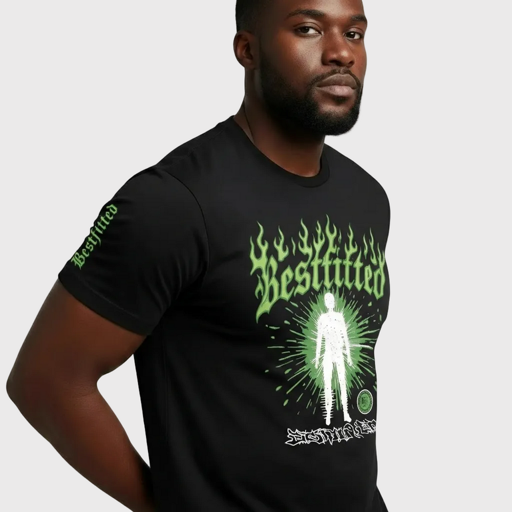 Best Fitted" Streetwear Graphic Tee – Black Heavyweight T-Shirt with Neon Flame & Aura Design | Y2K Urban Fashion