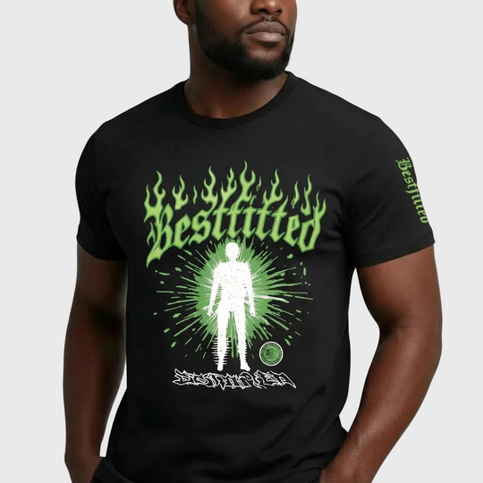 Person wearing a black t-shirt with green and white graphic design on a plain background