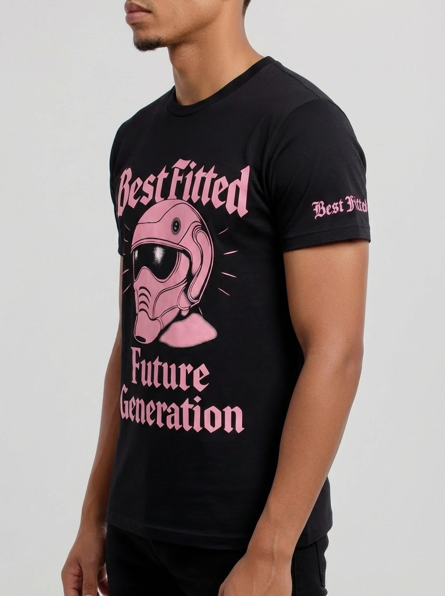 Person wearing a black t-shirt with pink graphic design and text on a plain background