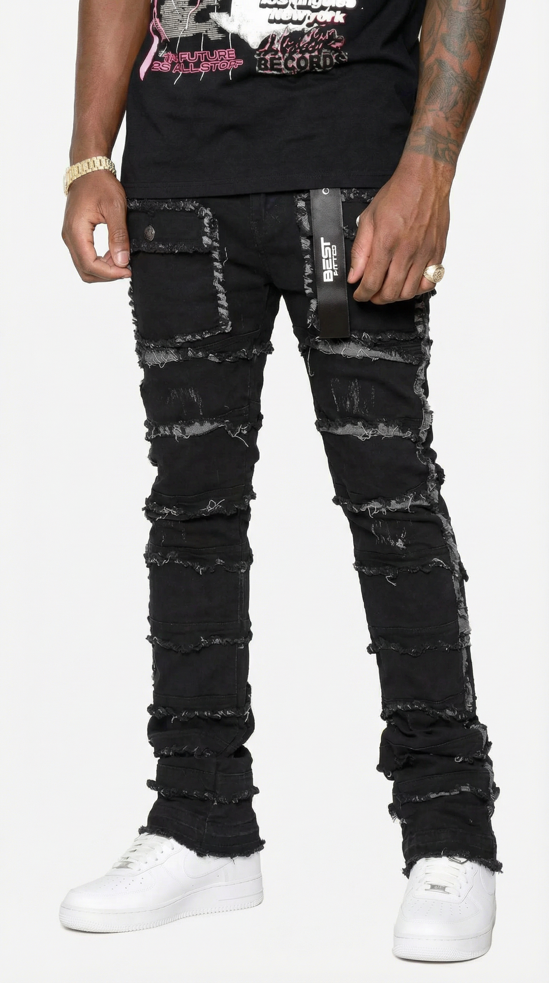 Statement Layered Distressed Jeans - Best Fitted Black Stack with Fringe Detail