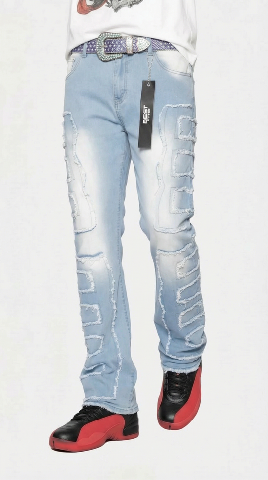Light blue jeans with a brand label, worn by a person, on a white background