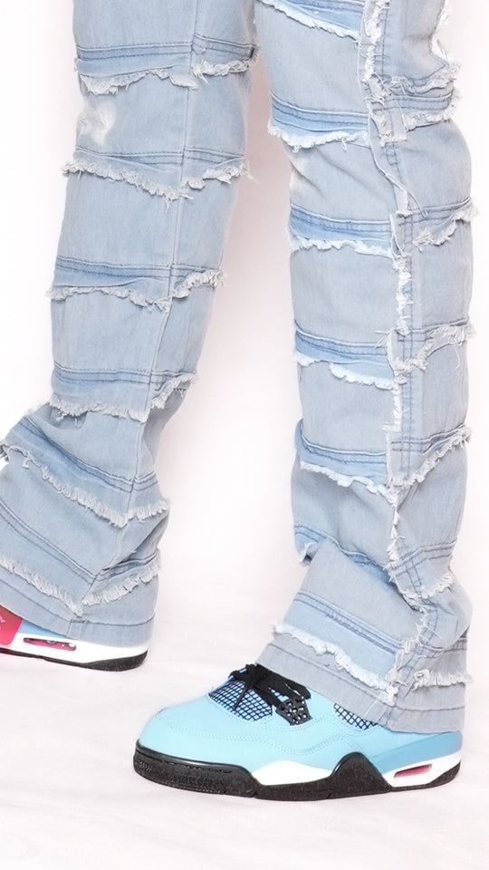 Statement Layered Distressed Jeans - Best Fitted Blue Stack with Fringe Detail